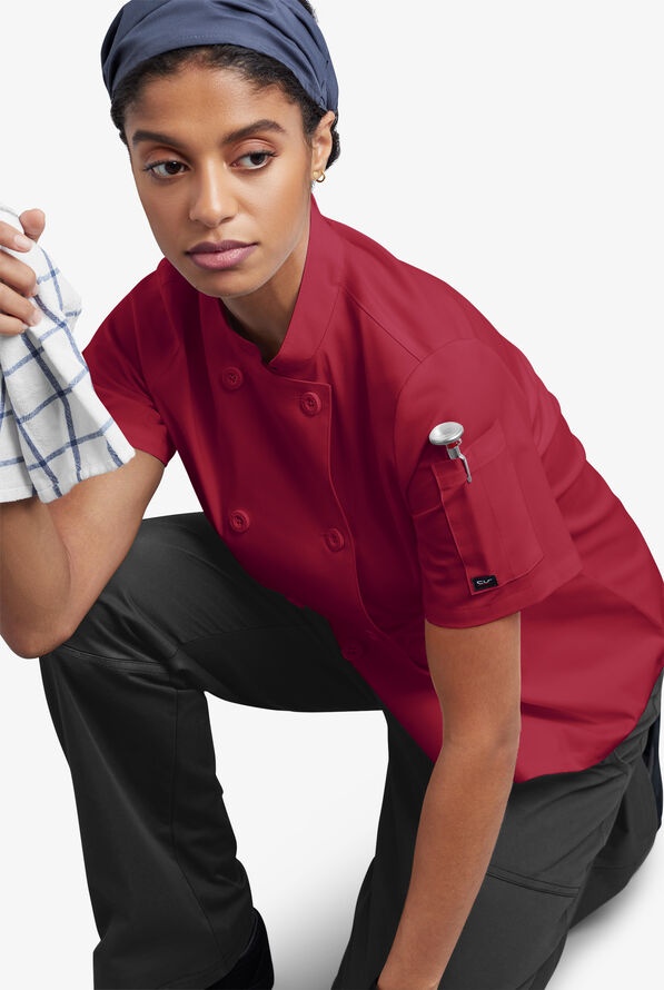CHEF 360 Women's 1-Pocket Short Sleeve Reversible Double Breasted STRETCH Executive Chef Coat - Ruby - 7