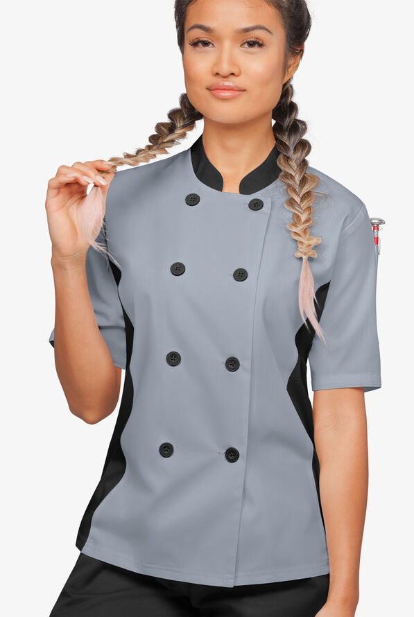 LIGHTWEIGHT Women's Short Sleeve 1-Pocket Tech Mesh Side Panel Chef Coat - Light Grey/Black - 4