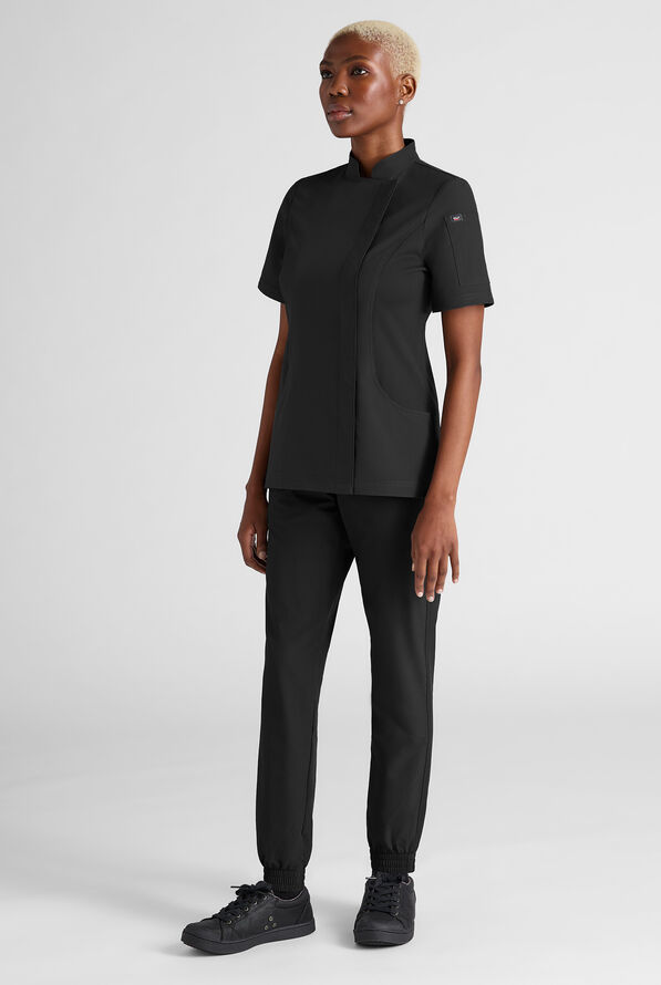 CHEF PERFORMANCE- Women's Short Sleeve with Mesh Panels STRETCH Chef Coat - Black - 3