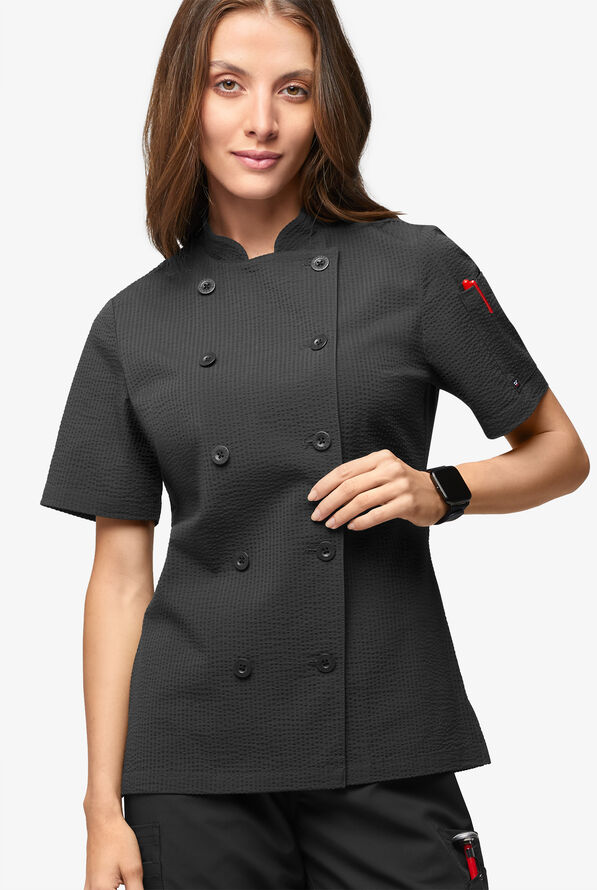 Chef Uniforms Women's Short Sleeve Stretch Seersucker Reversible Double Breasted Coat - Black - 1