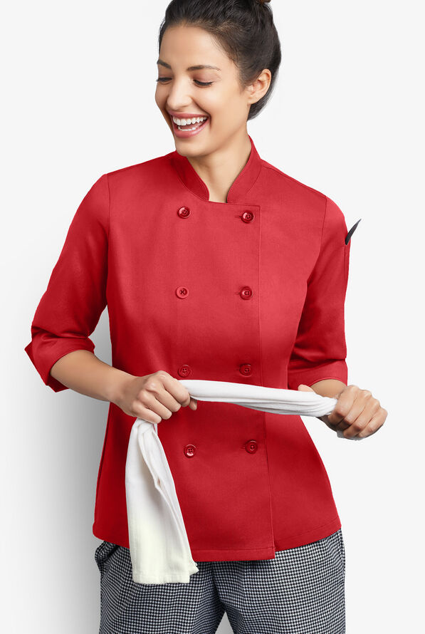 On The Line Women's 1-Pocket Reversible Double Breasted Closure 3/4 Sleeve Chef Coat - True Red - 5