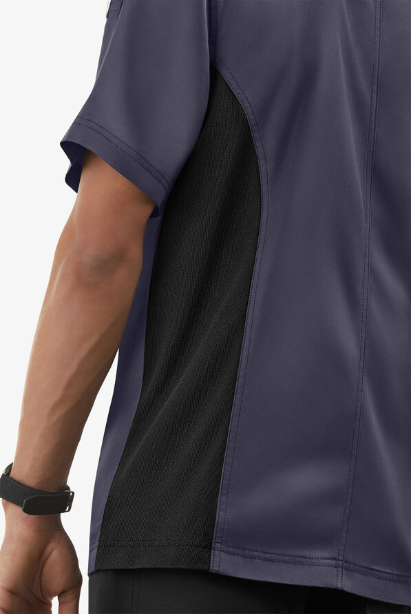 LIGHTWEIGHT Men's Short Sleeve Asymmetrical Snap front with Mesh Panels Chef Coat - Granite/Black - 5