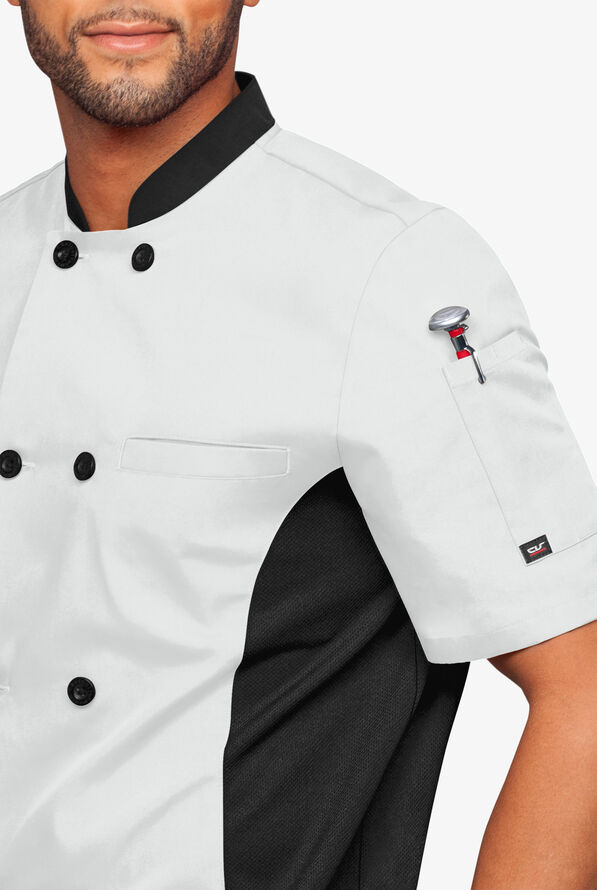 LIGHTWEIGHT Men's 2-Pocket Short Sleeve w/ Mesh Side Panels Chef Coat - White/Black - 3