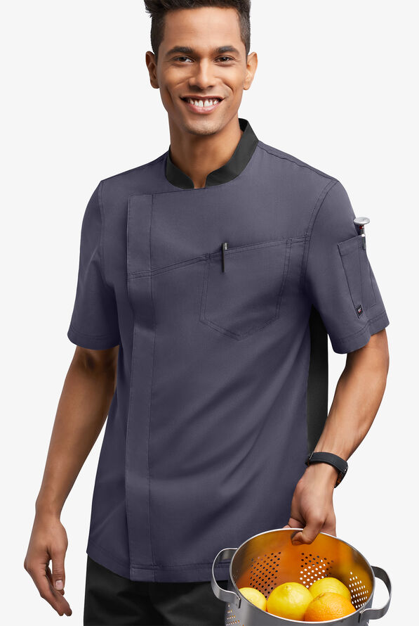 LIGHTWEIGHT Men's Short Sleeve Asymmetrical Snap front with Mesh Panels Chef Coat - Granite/Black - 4