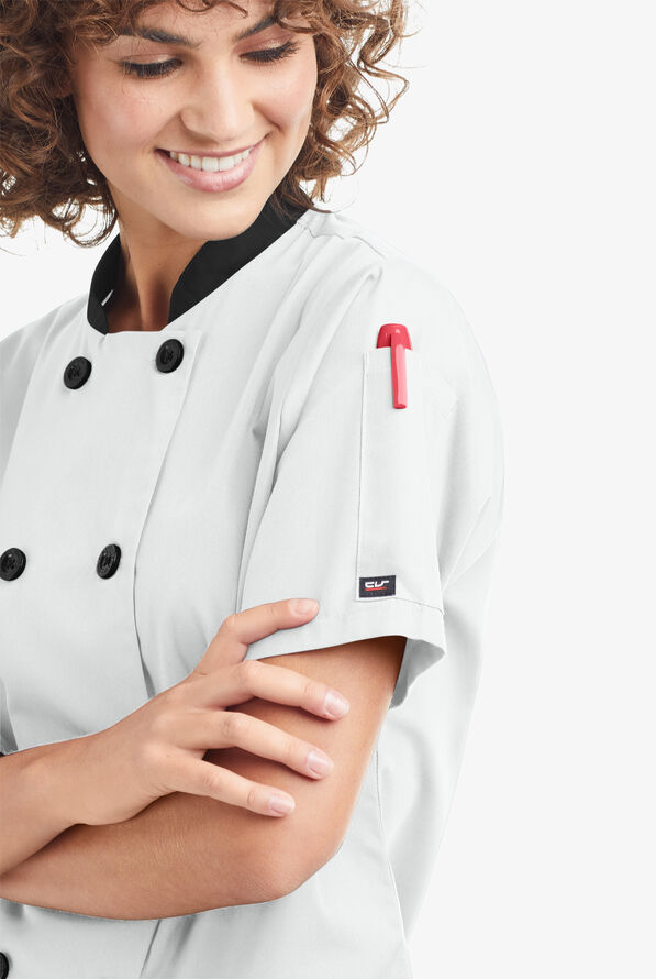 LIGHTWEIGHT Women's 1-Pocket Short Sleeve Double Breasted Chef Coat - White/Black - 3