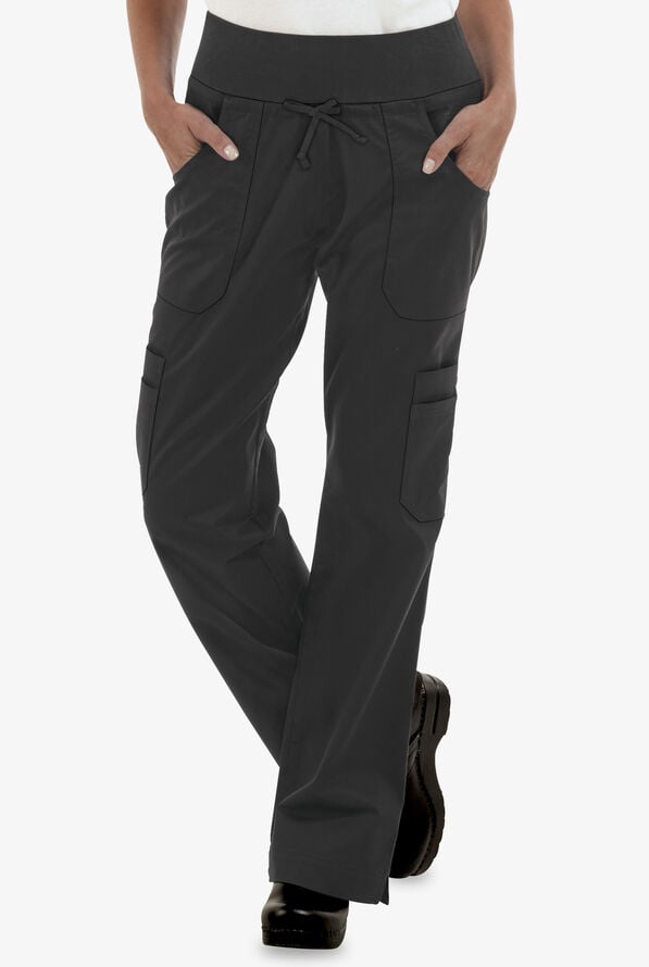 Women's Low Rise Poly/Cotton Yoga Cargo Chef Pants - Black - 1
