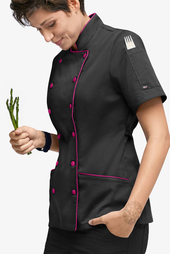 Chaqueta manga corta de chef Chef Uniforms con 3 bolsillos para mujer - Black/Hot Pink - 2
