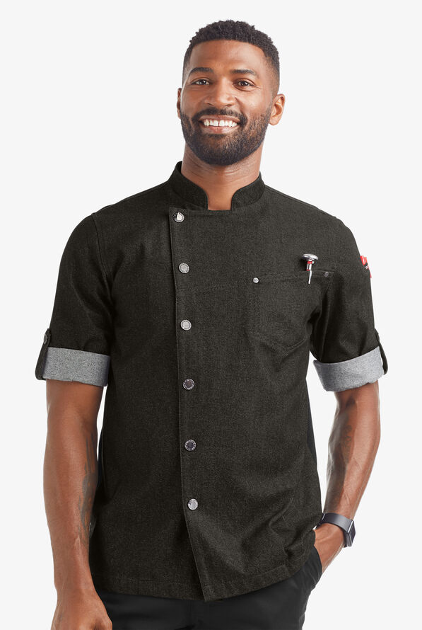 Chaqueta de gastronomía Industry Line Asymmetrical Premium de tela vaquera con mangas enrolladas y paneles traseros de malla para hombre - Black Denim - 1