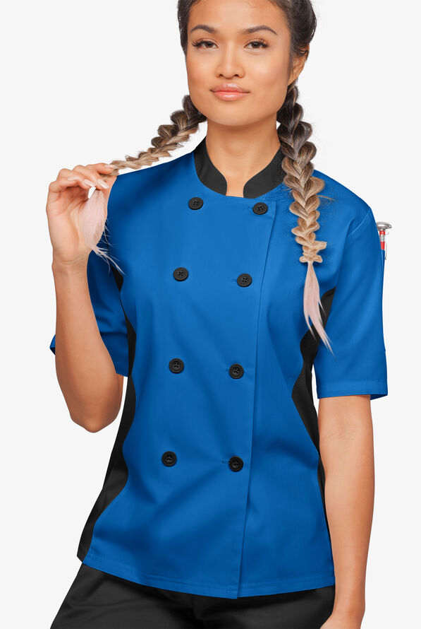 LIGHTWEIGHT Women's Short Sleeve 1-Pocket Tech Mesh Side Panel Chef Coat - Royal/Black - 4