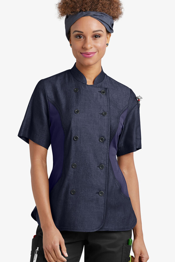 Chaqueta manga corta de gastronomía Industry Line de tela batista con doble abotonadura y paneles de malla para mujer - Blue Chambray/Navy - 1