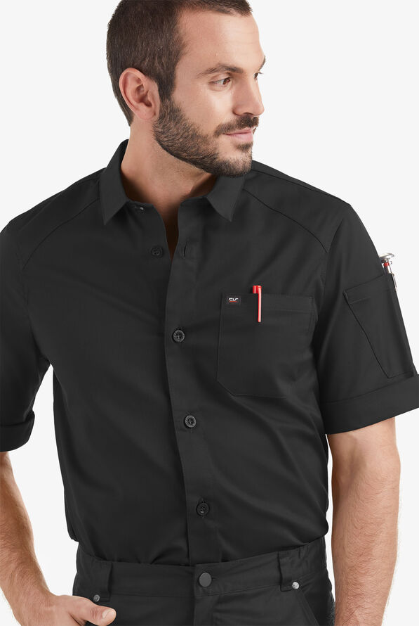 Chef 360 Men's Short Sleeve STRETCH Workshirt with Tech Mesh Yoke - Black - 5