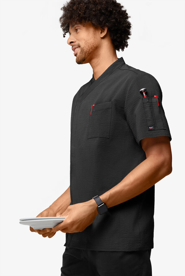 Chef Uniforms Men's Short Sleeve Stretch Seersucker Asymmetrical Coat - Black - 2