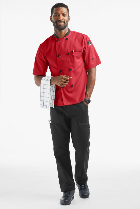 LIGHTWEIGHT Men's Double Breasted w/ Plastic Buttons Chef Coat - Red/Black - 4