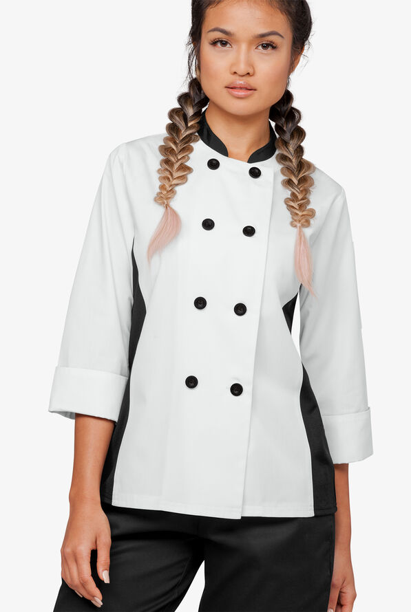 Chaqueta manga 3/4 de gastronomía con puños napolitanos y paneles laterales de malla para mujer - White/Black - 1