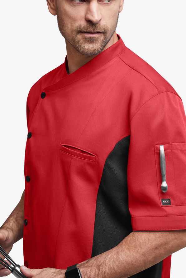 Chaqueta manga corta de gastronomía de corte clásico con botones a presión y paneles de malla para hombre - True Red/Black - 2