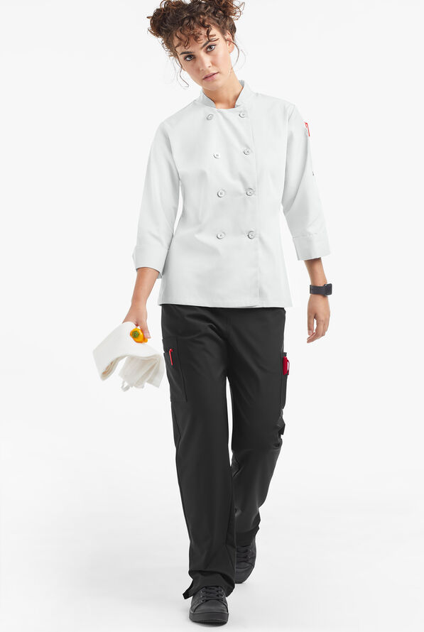 LIGHTWEIGHT Women's 3/4 Sleeve w/ Plastic Buttons Chef Coat - White - 4