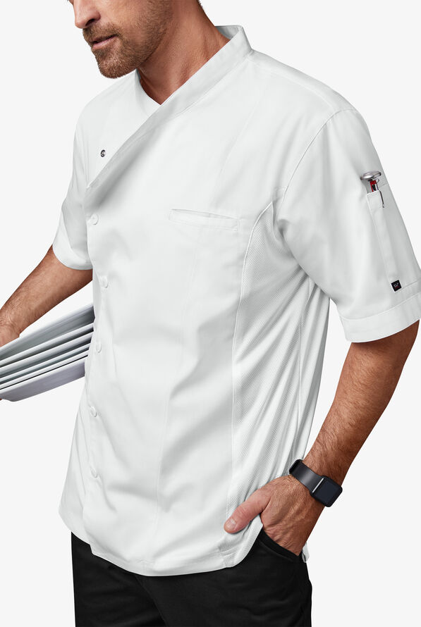 Chaqueta manga corta de gastronomía de corte clásico con botones a presión y paneles de malla para hombre - White - 2