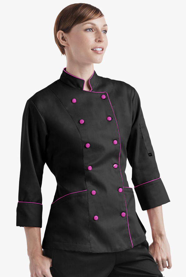 Traditional w/ Piping Women's 3-Pocket 3/4 Sleeve w/ Fabric Covered Buttons Chef Coat - Black/Hot Pink - 1
