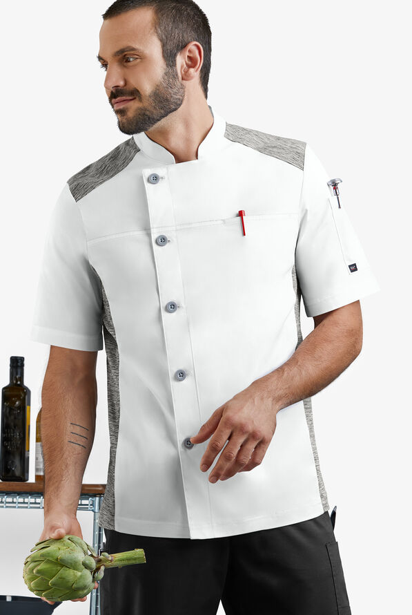 CHEF 360 Men's 2-Pocket Short Sleeve w/ Knit Panels STRETCH Executive Chef Coat - White/Silver Melange - 4