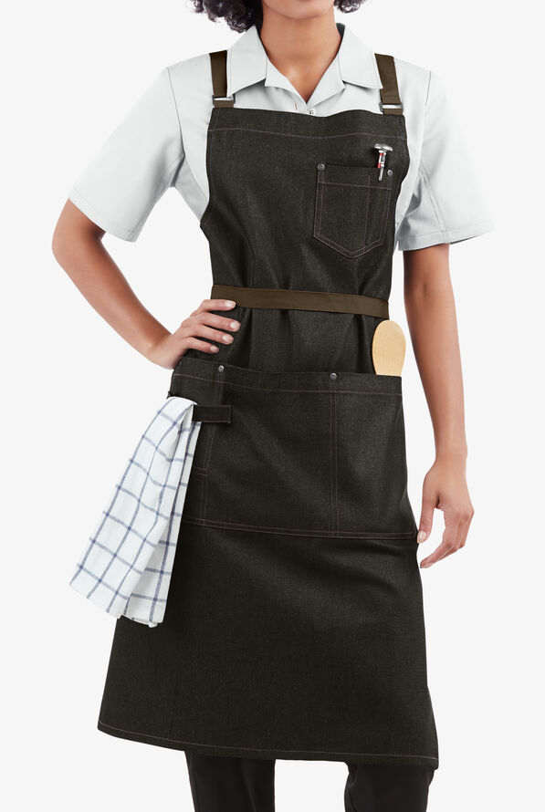 Delantal unisex de chef con pechera Industry Line de tela vaquera con correas cruzadas traseras y 5 bolsillos - Black Denim - 1