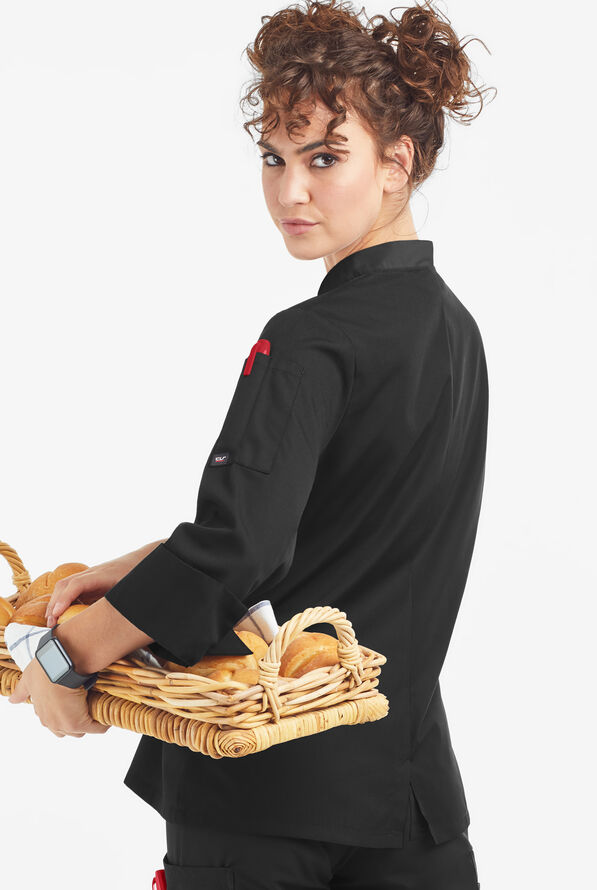 Chaqueta de gastronomía con mangas 3/4 y botones de plástico para mujer - Black - 2