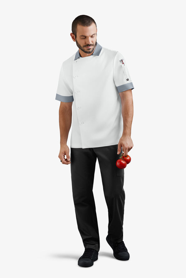 Chaqueta manga corta de gastronomía CHEF 360 STRETCH de corte moderno con panel de malla y 3 bolsillos para hombre - White/Silver - 2