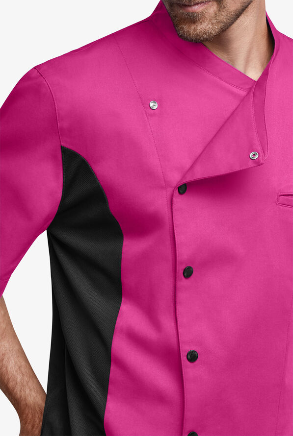 Chef Uniforms Men's 2-Pocket Short Sleeve Snap Front Closure w/ Mesh Side Panels Executive Chef Coat - Hot Pink/Black - 3
