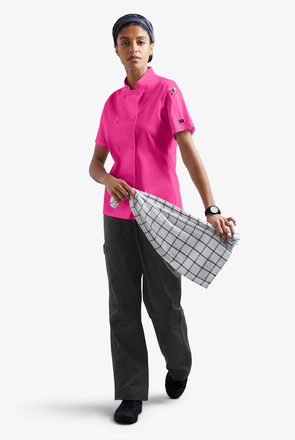 CHEF 360 Women's 1-Pocket Short Sleeve Reversible Double Breasted STRETCH Executive Chef Coat - Fuchsia - 5