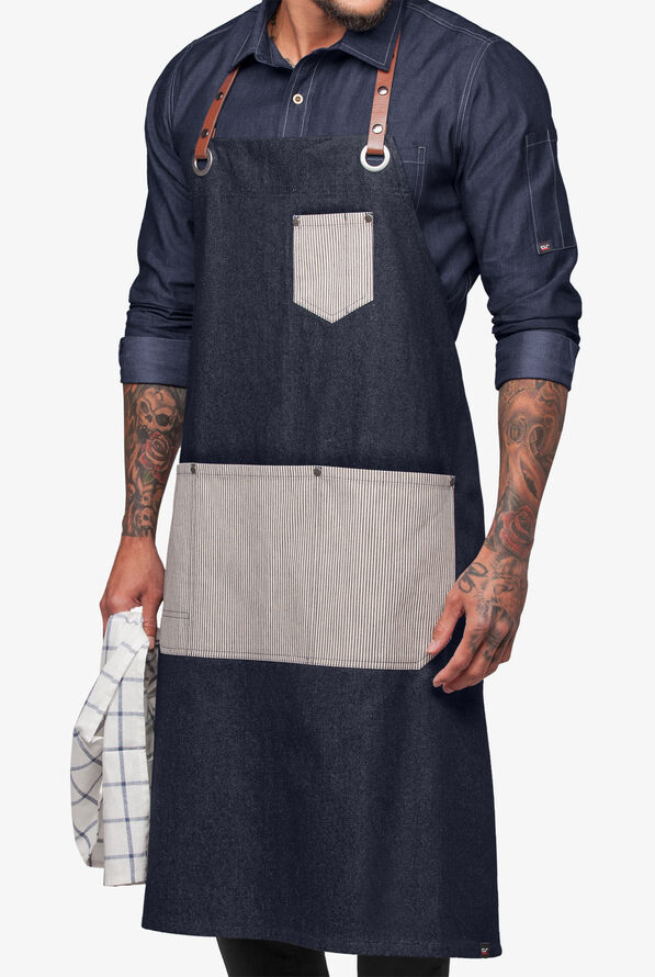 Industry Line Premium Denim Unisex 5-Pocket Adjustable Bib Chef Apron - Blue Denim/Railroad Stripe - 1