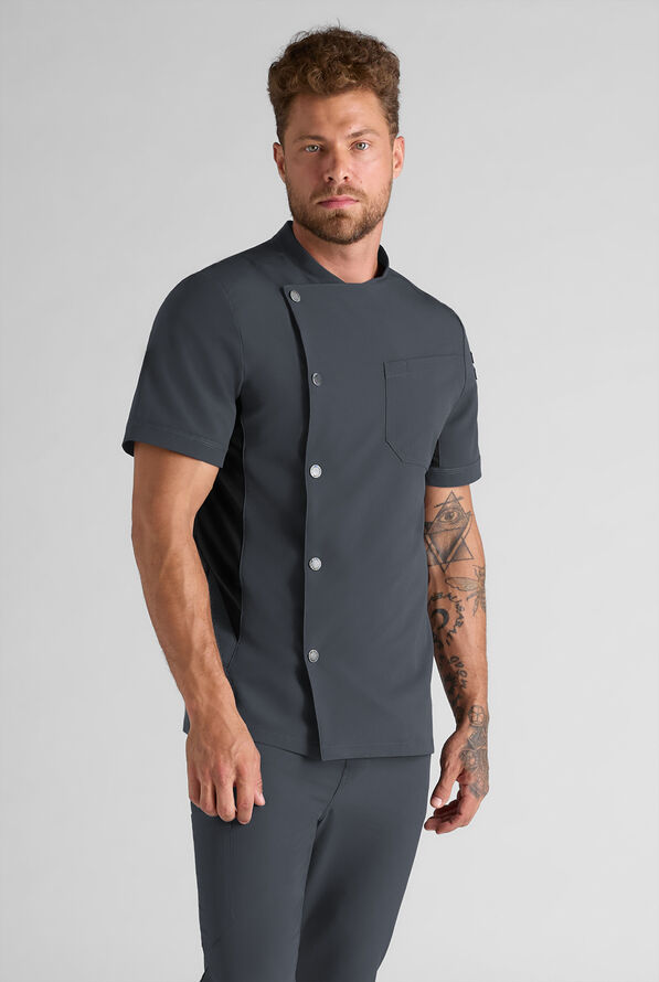 CHEF PERFORMANCE Men's Recycled Performance 3 - Pocket Asymmetrical Chef Coat - Pewter/Black - 1