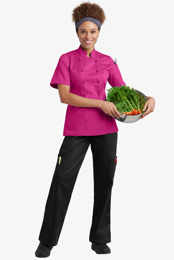 Chef Uniforms Women's 3-Pocket Short Sleeve Knotted Button Executive Chef Coat - Hot Pink - 4