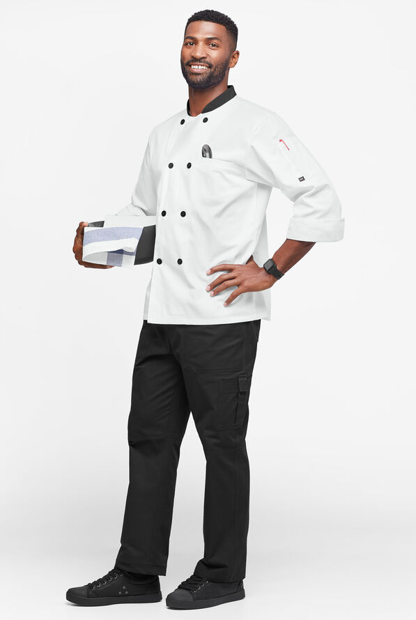LIGHTWEIGHT Men's 2-Pocket 3/4 Sleeve w/ Plastic Buttons Chef Coat - White/Black - 4