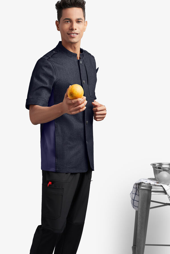 Industry Line Men's 4-Pocket Short Sleeve w/ Tech Mesh Back Panels Military Chef Coat - Blue Denim/Navy - 4