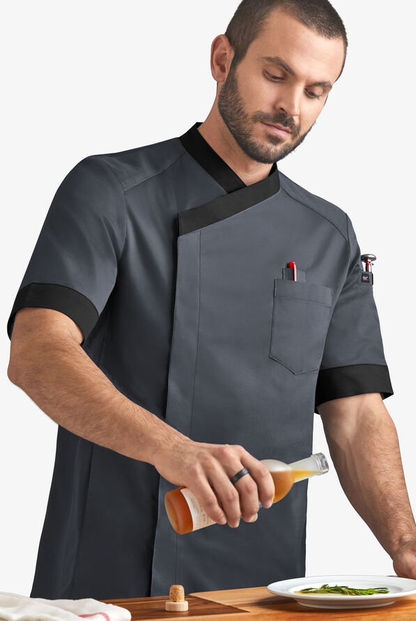 CHEF 360 Men's 5-Pocket Short Sleeve Mesh Panel STRETCH Executive Chef Coat - Pewter/Black - 5
