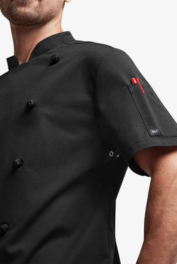 Chef Uniforms Men's Short Sleeve Knotted Button Executive Chef Coat - Black - 6