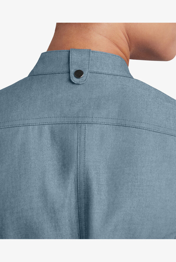 Industry Line Women's 3-Pocket Short Sleeve Chambray w/Tech Mesh Panels Executive Chef Coat - Light Blue Chambray/Pebble Grey - 3