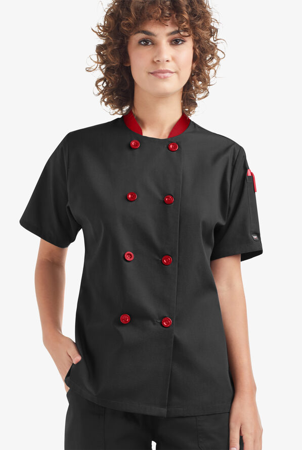Chaqueta manga corta de gastronomía con doble abotonadura y 1 bolsillo para mujer - Black/Red - 1
