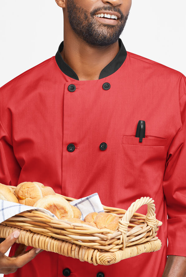 LIGHTWEIGHT Men's 2-Pocket 3/4 Sleeve w/ Plastic Buttons Chef Coat - Red/Black - 3