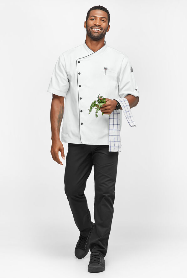 Men's 2-Pocket Short Sleeve Snap Front Executive Chef Coat - White/Black - 4