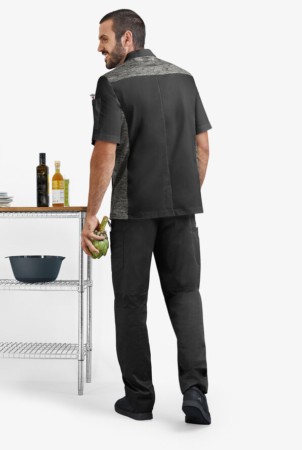 CHEF 360 Men's 2-Pocket Short Sleeve w/ Knit Panels STRETCH Executive Chef Coat - Black/Charcoal Melange - 5
