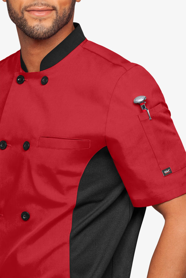 LIGHTWEIGHT Men's 2-Pocket Short Sleeve w/ Mesh Side Panels Chef Coat - Red/Black - 3