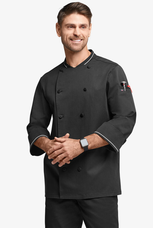 Chef Uniforms Men's 3/4 Sleeve Double Breasted Executive Chef Coat - Black/White - 1