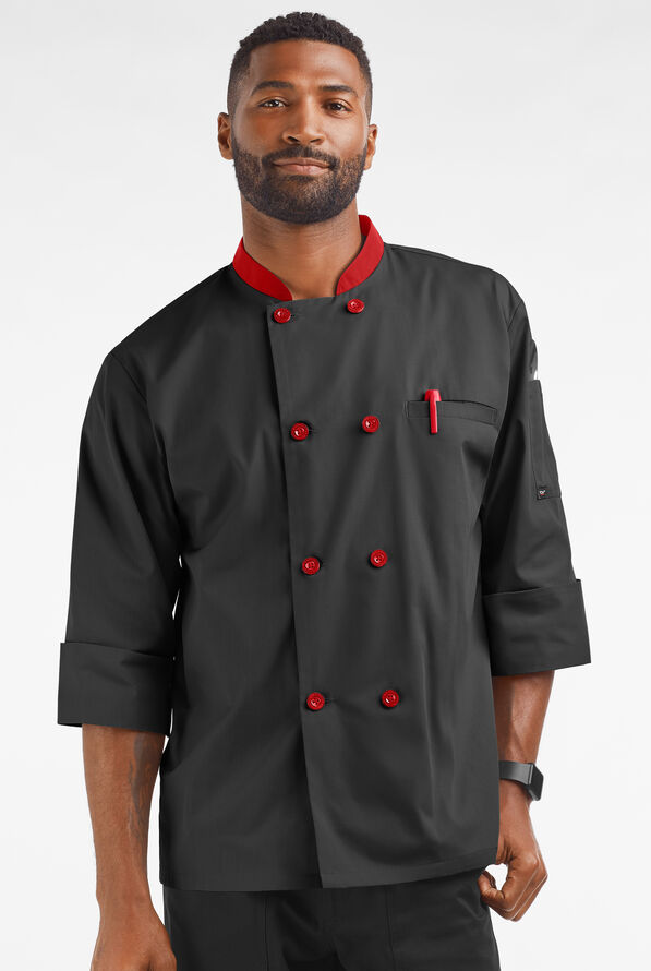 Chaqueta manga 3/4 de gastronomía con 2 bolsillos y botones de plástico para hombre - Black/Red - 1