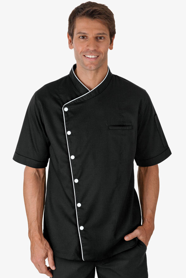 Chaqueta manga corta de gastronomía de corte clásico con botones a presión y 2 bolsillos para hombre - Black/White - 1