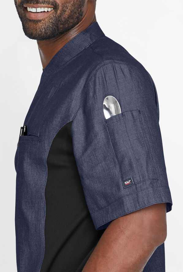 Industry Line Men's 2-Pocket Short Sleeve Chambray w/Tech Mesh Side Panels Executive Chef Coat - Blue/Black - 3