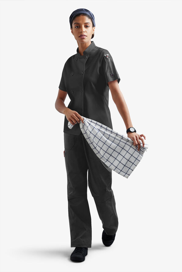 CHEF 360 Women's 1-Pocket Short Sleeve Reversible Double Breasted STRETCH Executive Chef Coat - Black - 5