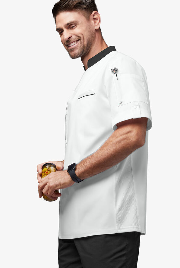 Chef Uniforms Men's Mesh Side Panel Asymmetrical Executive Chef Coat - White/Black - 2