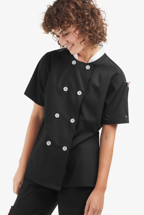 Chaqueta manga corta de gastronomía con doble abotonadura y 1 bolsillo para mujer - Black/White - 1