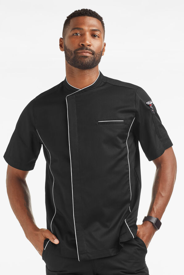 Chef Uniforms Men's 2-Pocket Short Sleeve Snap Closure with MESH Back Panels Executive Chef Coat - Black/White - 1