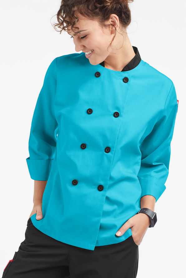 Chaqueta de gastronomía con mangas 3/4 y botones de plástico para mujer - Turquoise/Black - 1